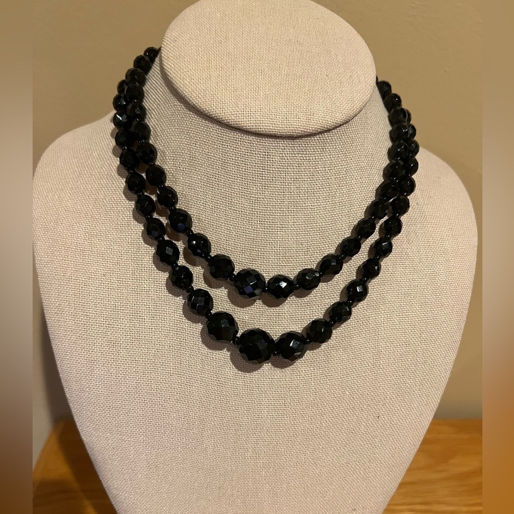 VINTAGE Faceted Jet Black‎ Glass Beads Double Strand Western Germany Signed